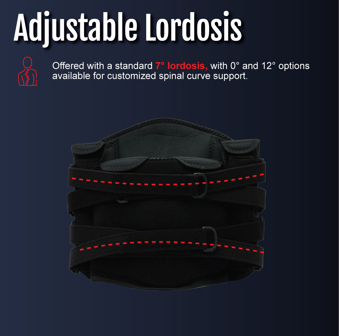 Black adjustable lumbar support brace with straps and cushioned padding, designed for spinal curve support.