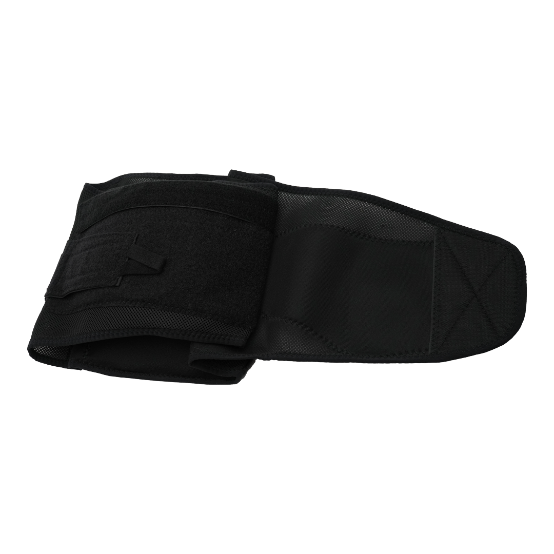 Black adjustable lumbar support belt with wide Velcro straps and reinforced stitching.