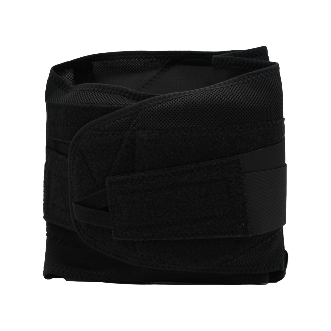 Black adjustable lumbar support belt with wide Velcro strap and breathable fabric texture.