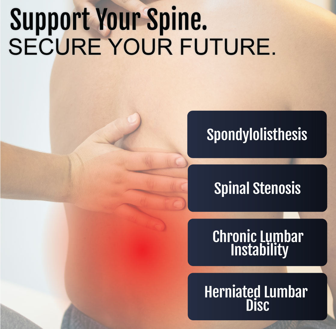 Woman holding lower back with red pain highlight and text highlighting spinal conditions.