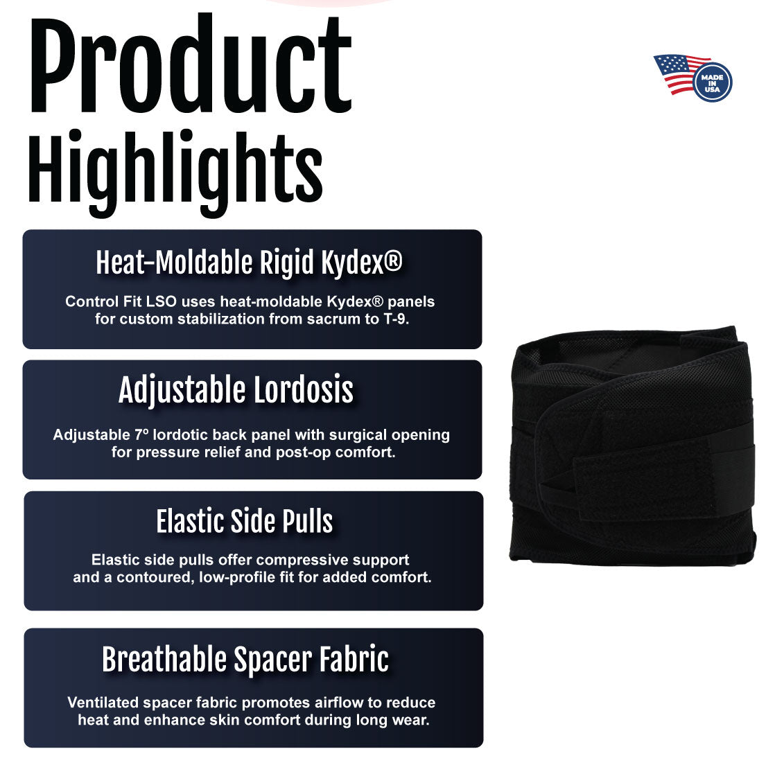 Control Fit LSO infographic highlighting heat-moldable Kydex panels, adjustable lordosis, elastic side pulls, and breathable .