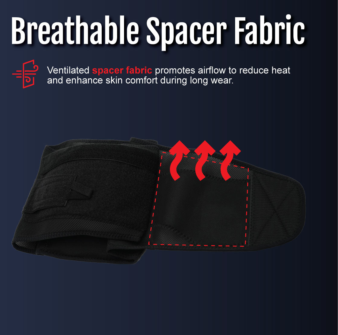 Black lumbar support belt with breathable spacer fabric and adjustable straps.