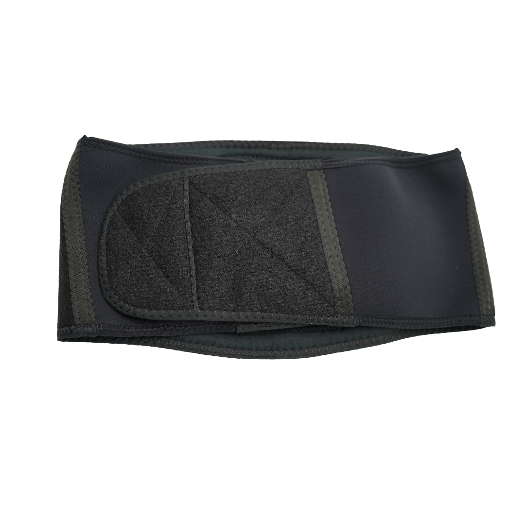 Black lumbar sacral orthosis belt with adjustable wide hook-and-loop closure and padded support panel.