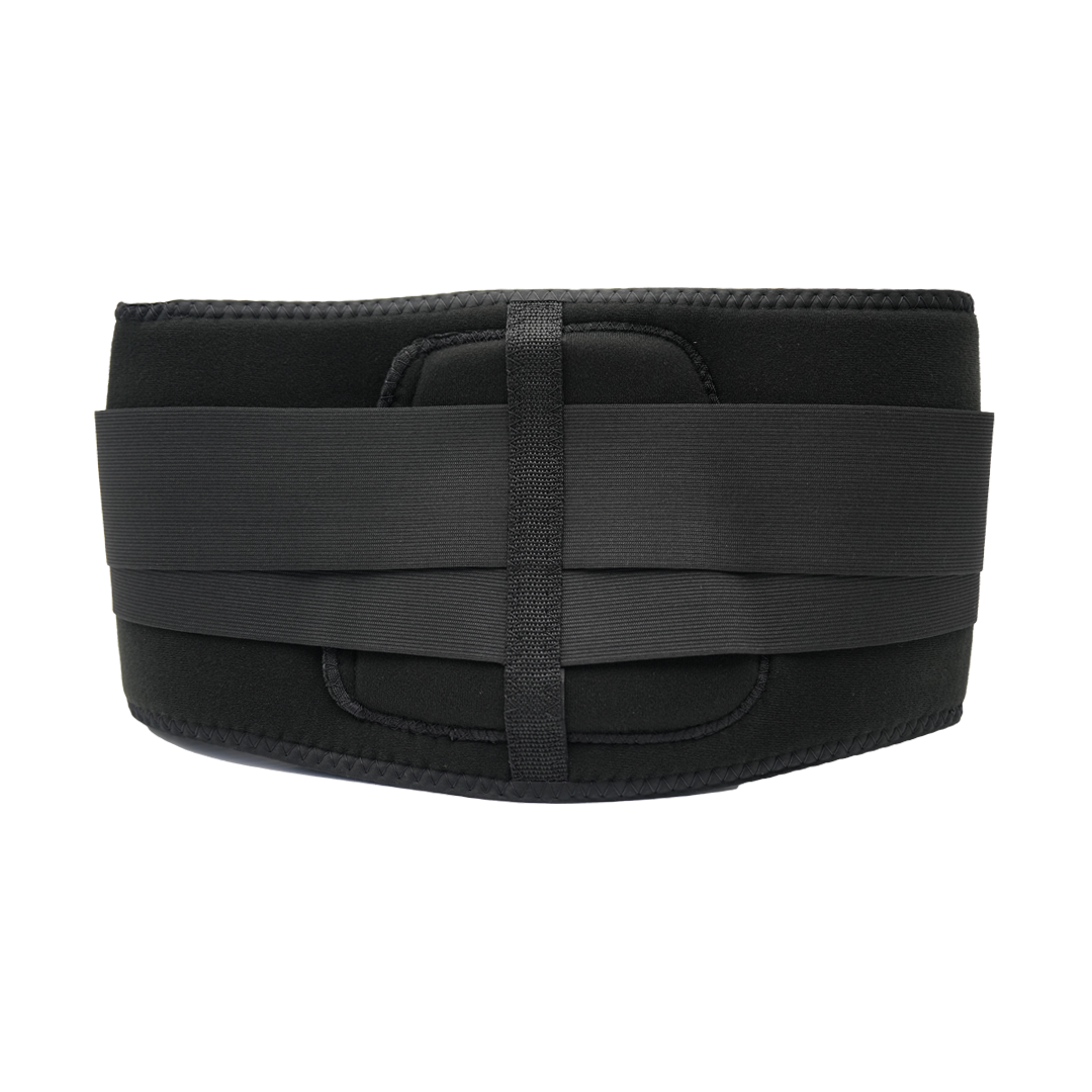 Black lumbar sacral orthosis with wide elastic straps and front fastening for back support.