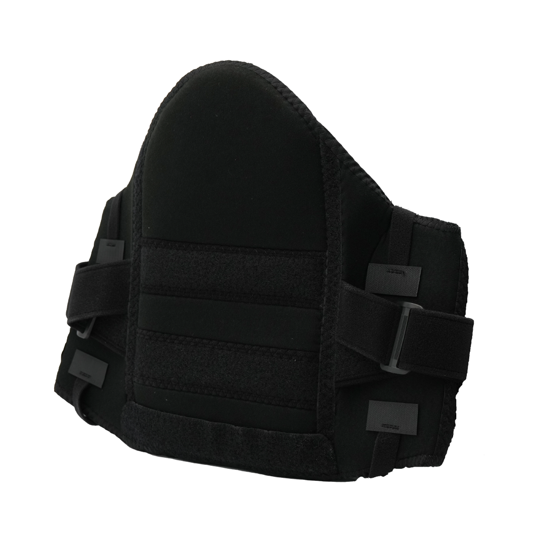 Black lumbar sacral support brace with adjustable side panels and durable compression straps.