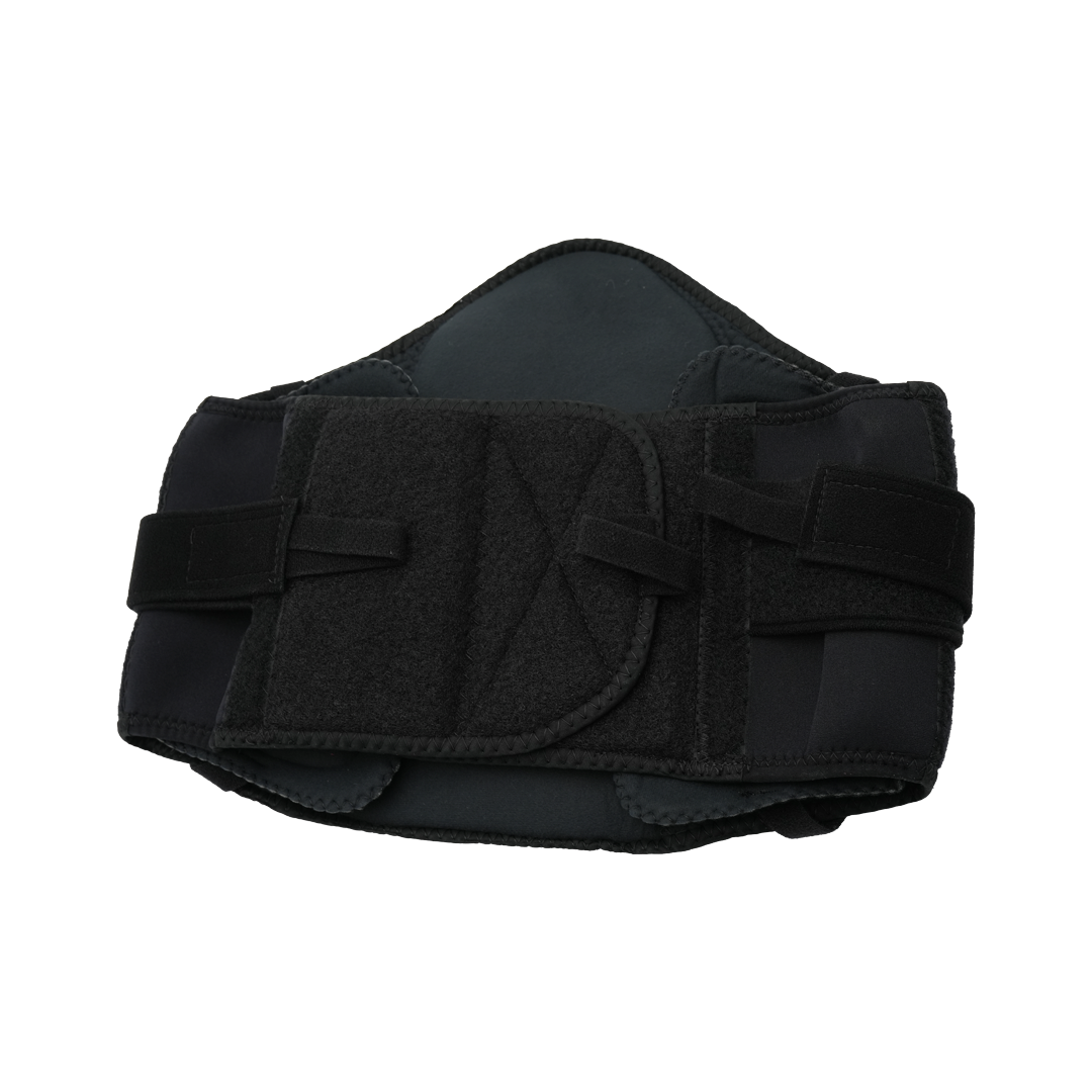 Black lumbar sacral support belt with side panels and adjustable Velcro straps for lower back compression.