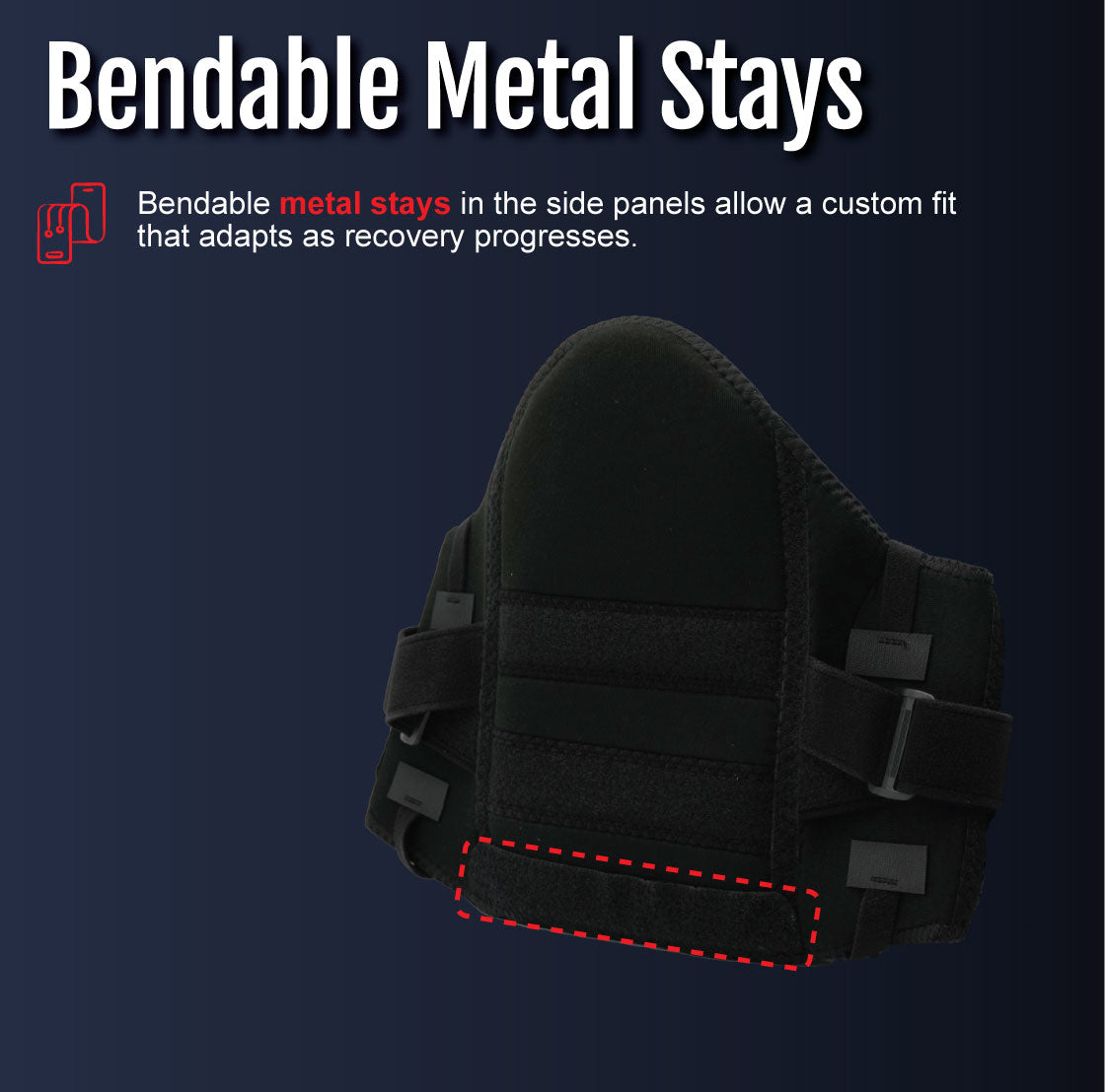 Black lumbar sacral support with adjustable side panels and bendable metal stays for customizable fit.