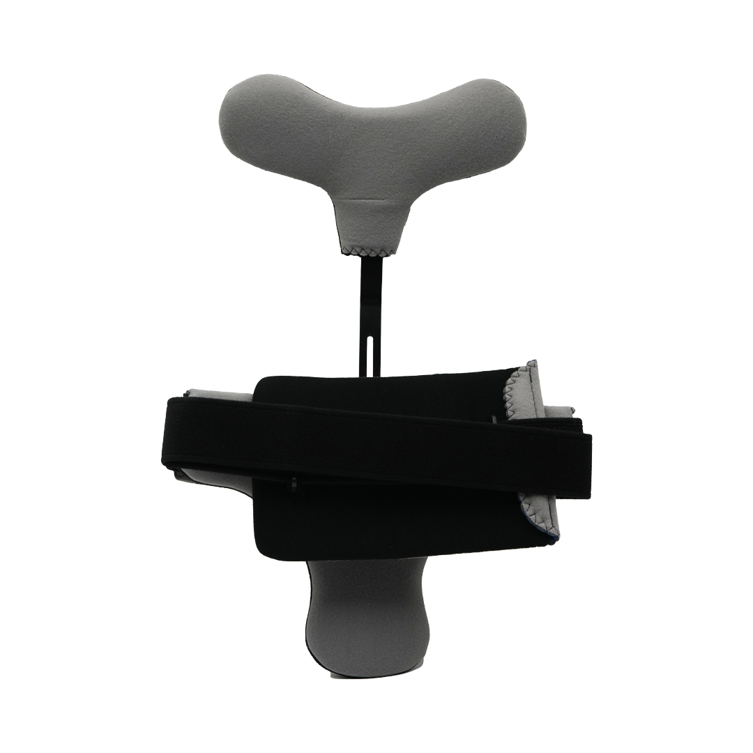 Black hyperextension orthosis with padded grey support and adjustable straps.