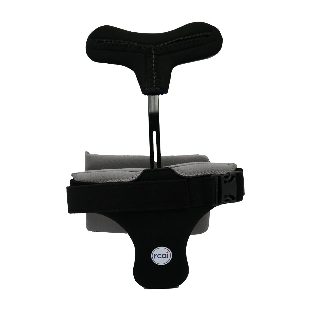 Black hyperextension orthosis with adjustable straps and padded supports against a white background.