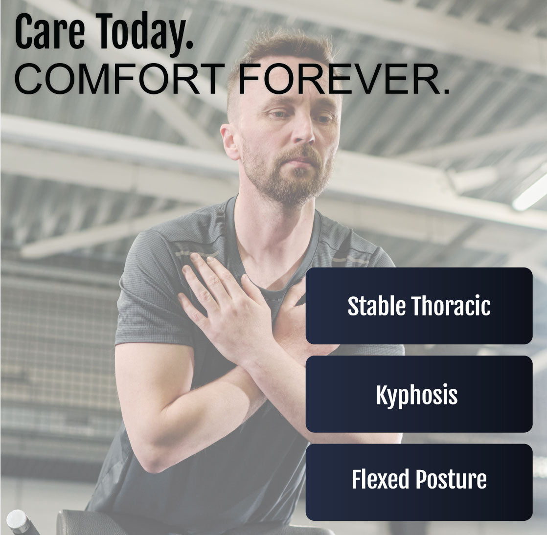 Black adjustable hyperextension orthosis brace worn on upper back with straps on shoulders and torso.