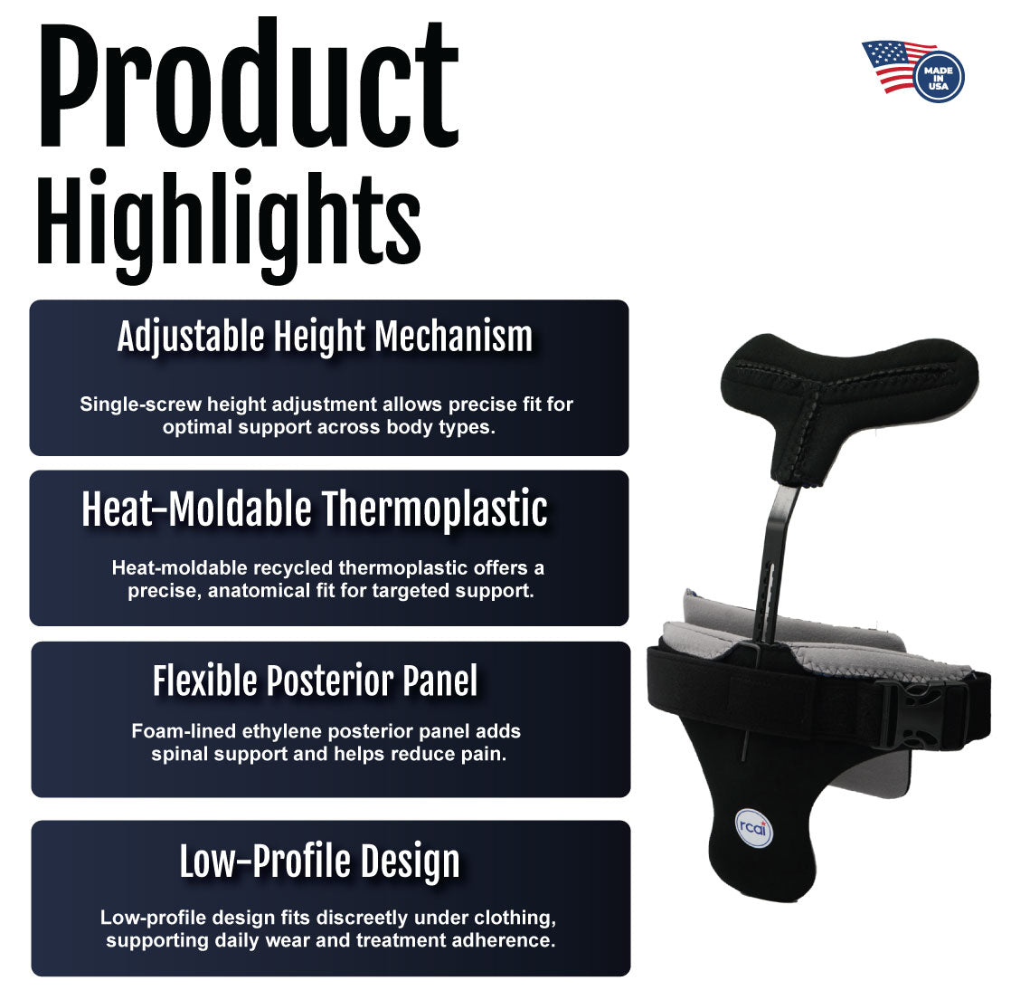 Black hyperextension orthosis with adjustable height, heat-moldable thermoplastic, and low-profile design.