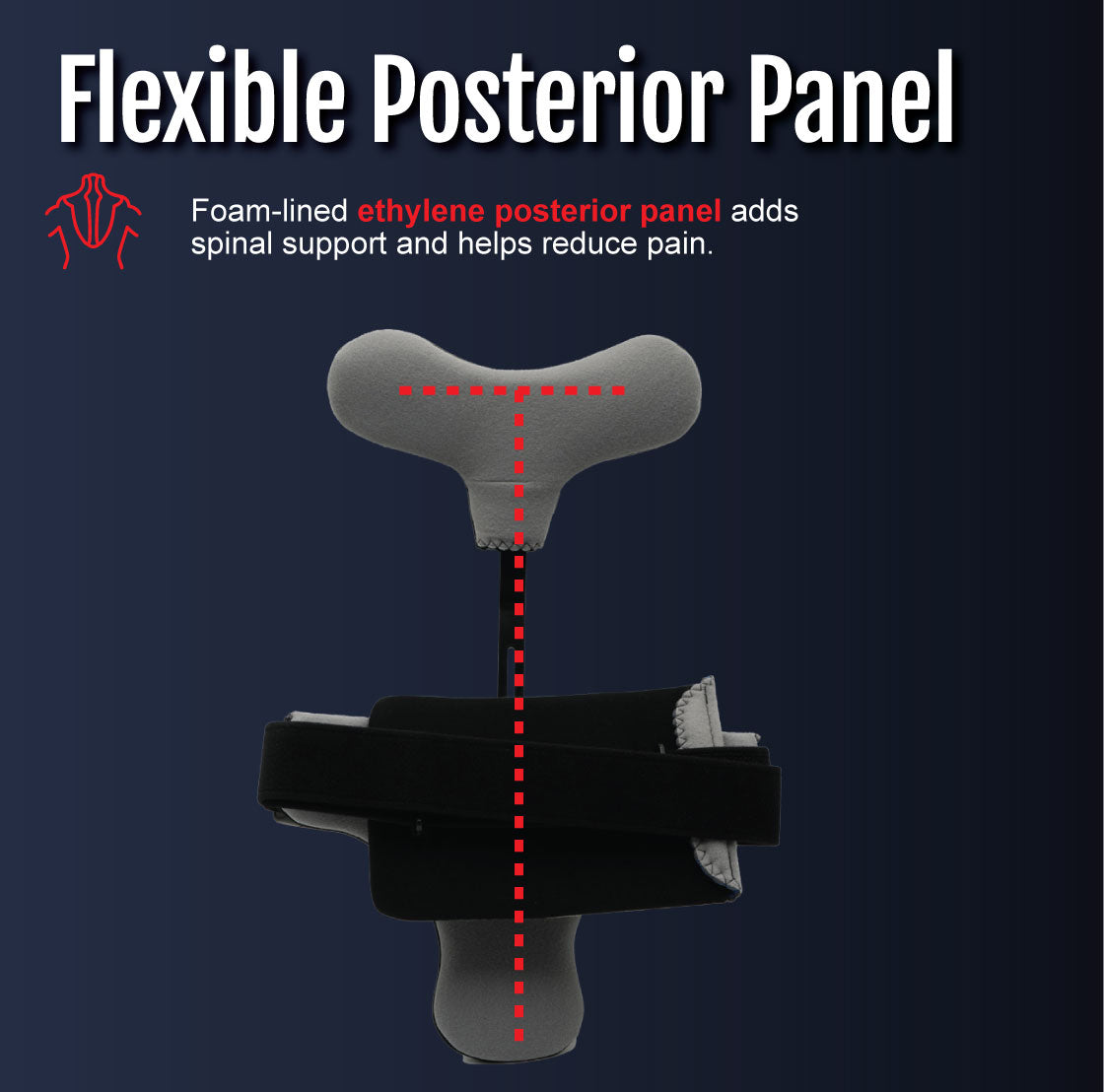 Black foam-lined hyperextension orthosis with flexible ethylene posterior panel highlighted by red dashed lines on a dark.
