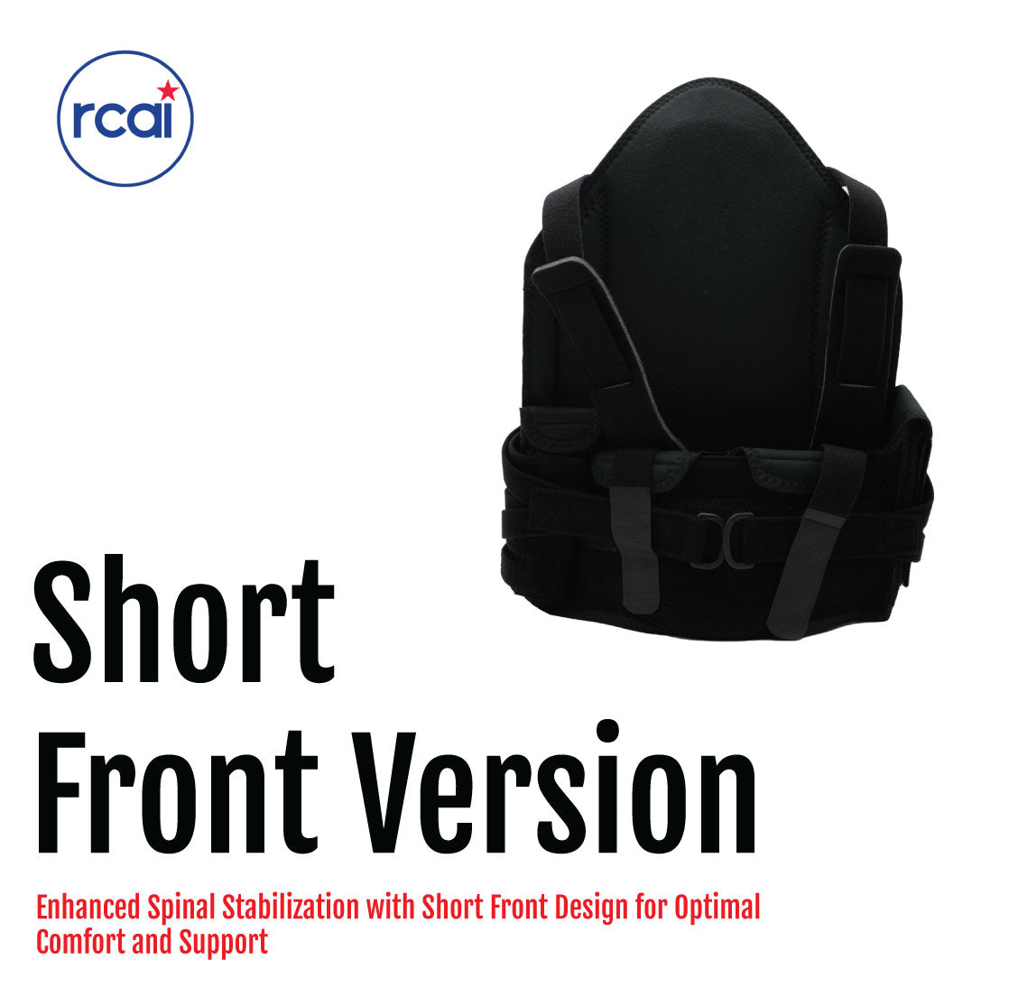 Black short front version TLSO back brace with adjustable straps and padded support panel.