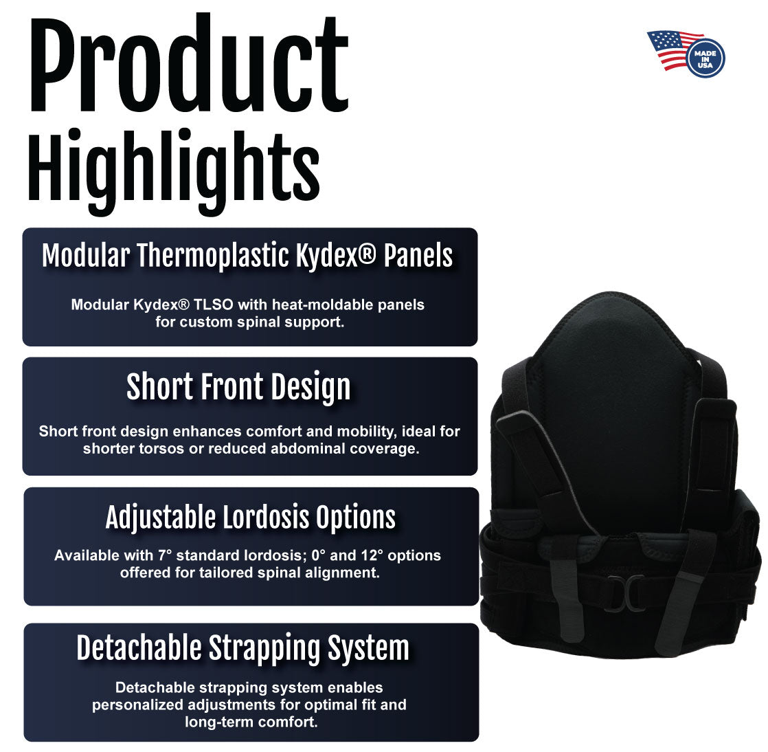 Black RCAI TLSO modular thermoplastic brace with adjustable lordosis and detachable strapping system on white background.