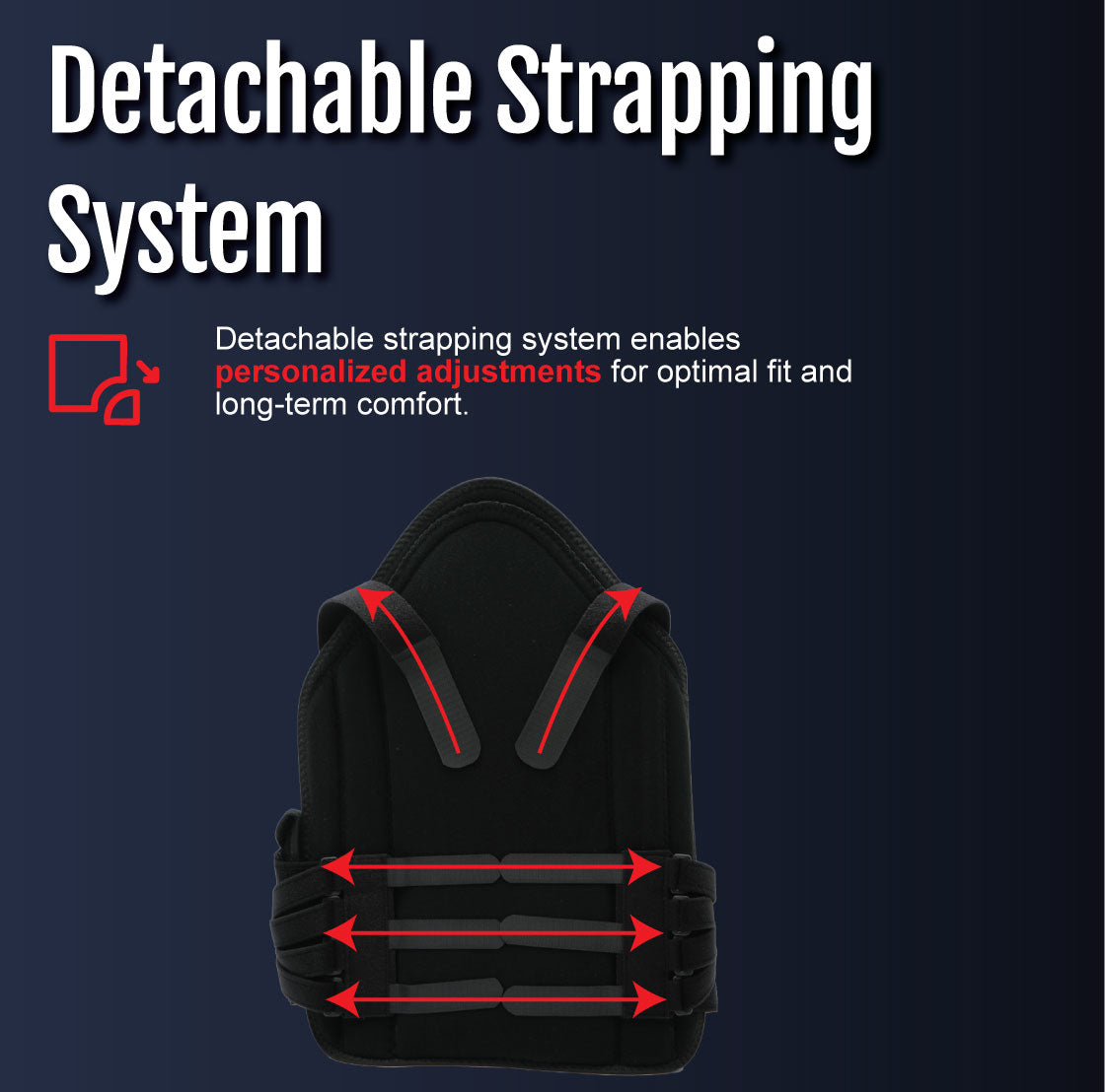 Black RCAI TLSO back brace with detachable red-accented adjustable shoulder and waist straps.