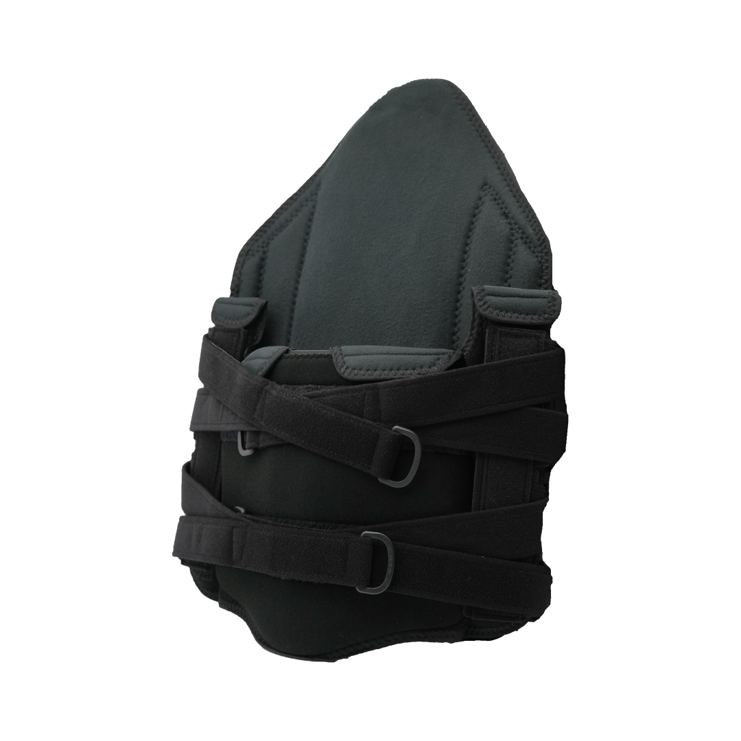 Black rigid thoracic lumbar sacral orthosis brace with adjustable straps and padded interior.