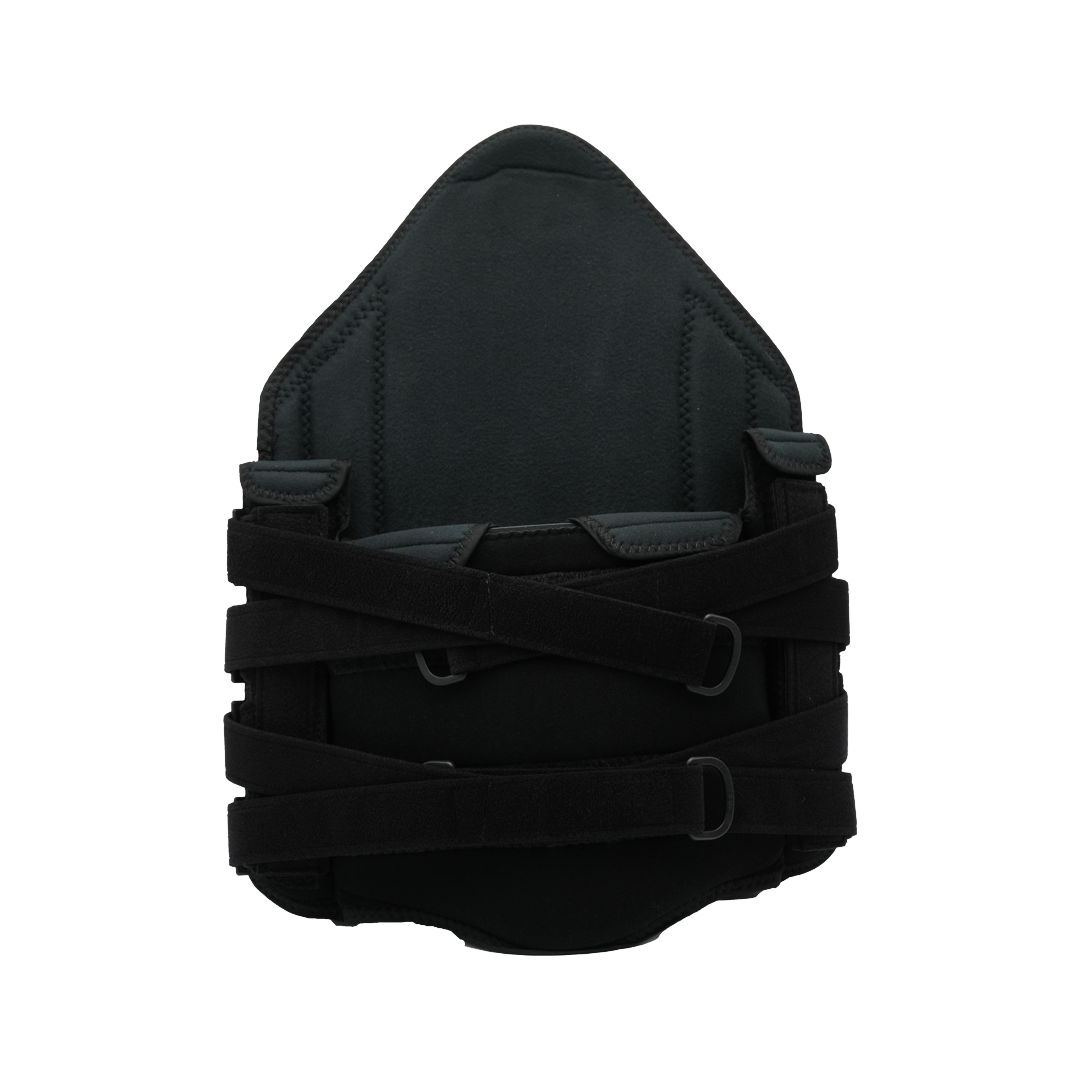 Black padded TLSO brace with adjustable straps and hook-and-loop closures.