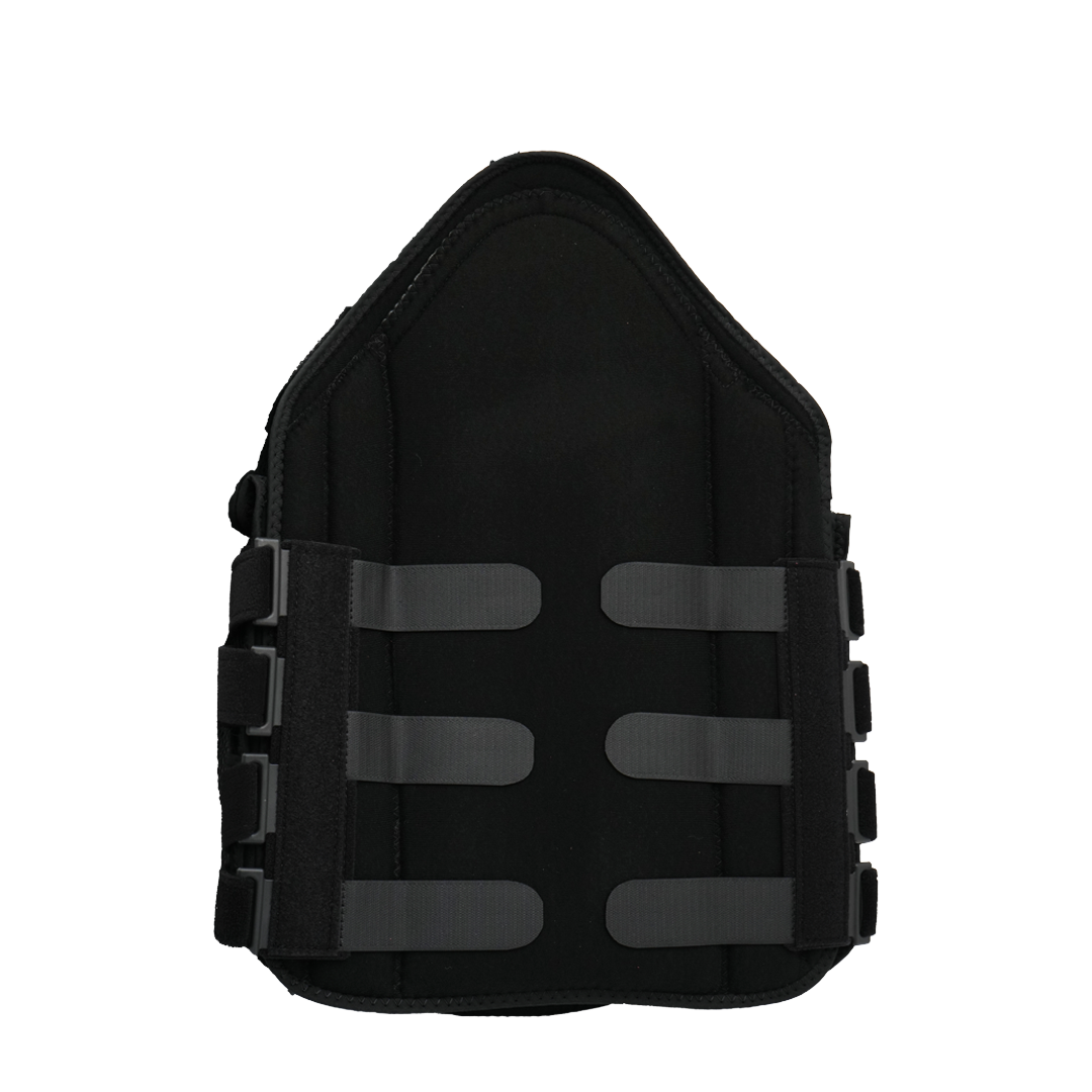 Black rigid TLSO back brace with adjustable gray straps and side closures.