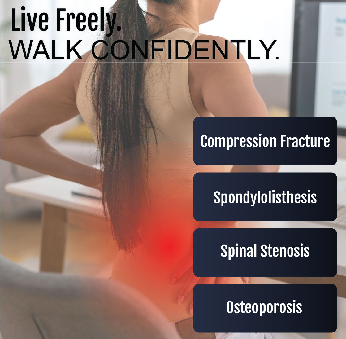 Woman wearing beige TLSO back brace highlighting lower back support with overlaid text listing conditions treated.