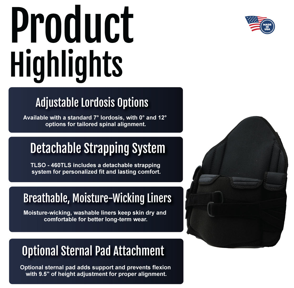 Black rigid TLSO back brace with adjustable lordosis options, detachable straps, and breathable moisture-wicking liners,.