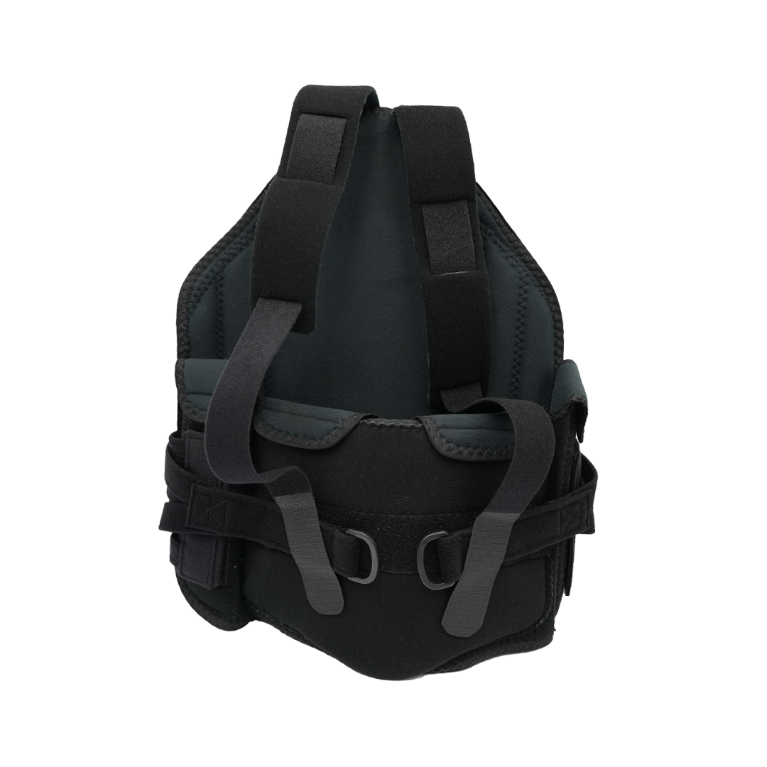 Black rigid TLSO back brace with adjustable gray straps and padded support panels.