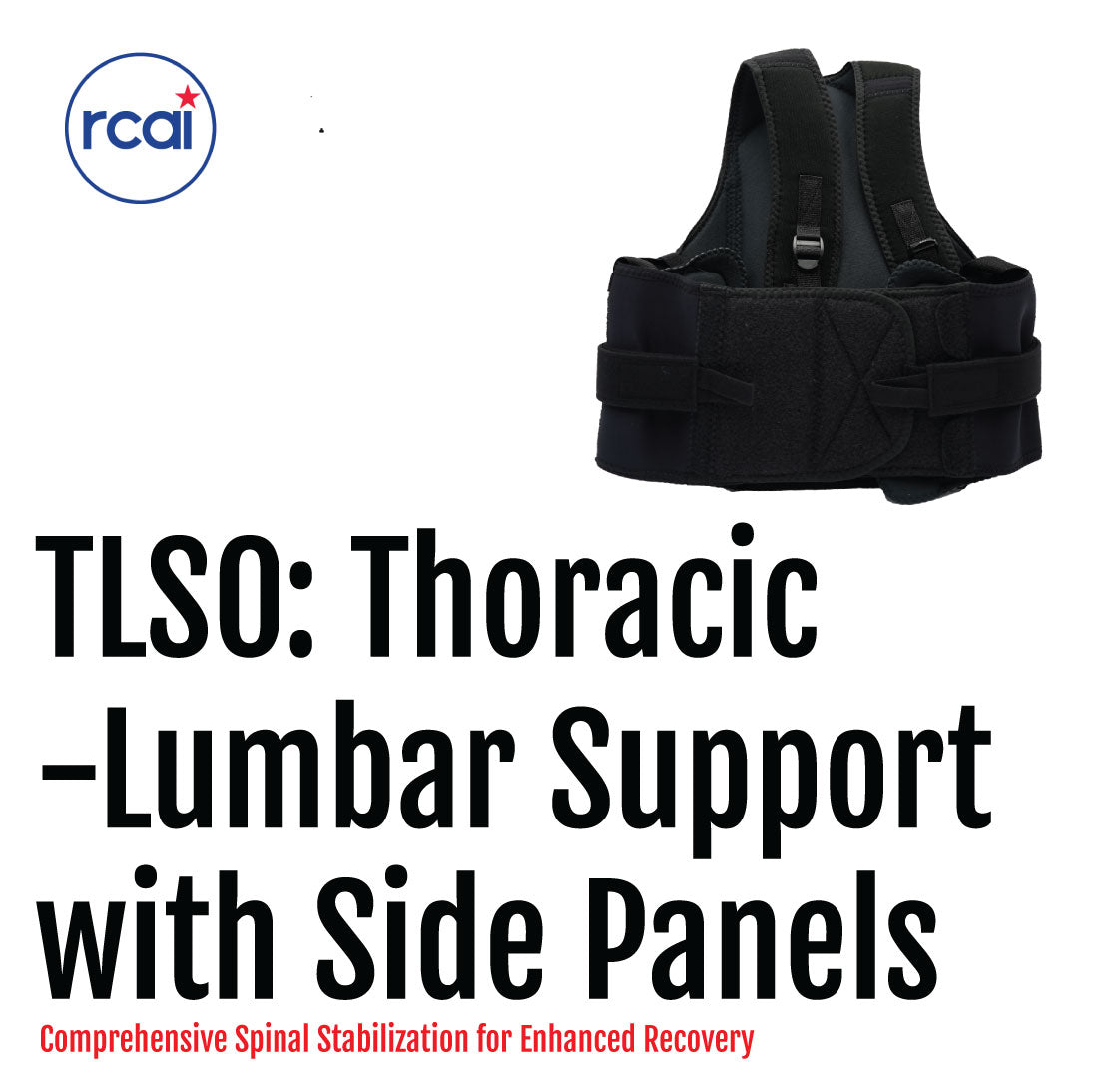Black Thoracic lumbar support brace with wide adjustable side panels and shoulder straps for back stabilization.