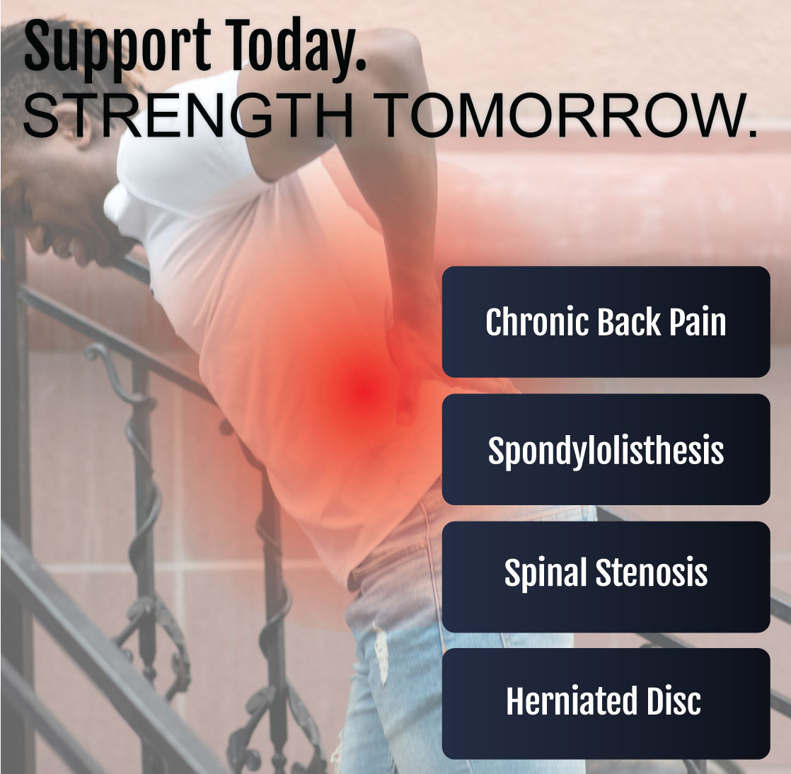 Woman wearing a white shirt holding her lower back with red glow highlighting pain area and text about back conditions.