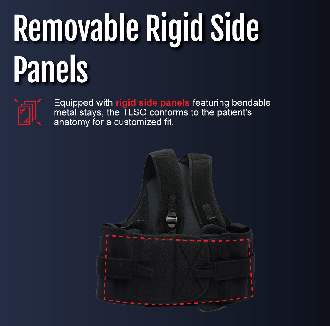 Black thoracic lumbar support brace with adjustable removable rigid side panels and padded straps.