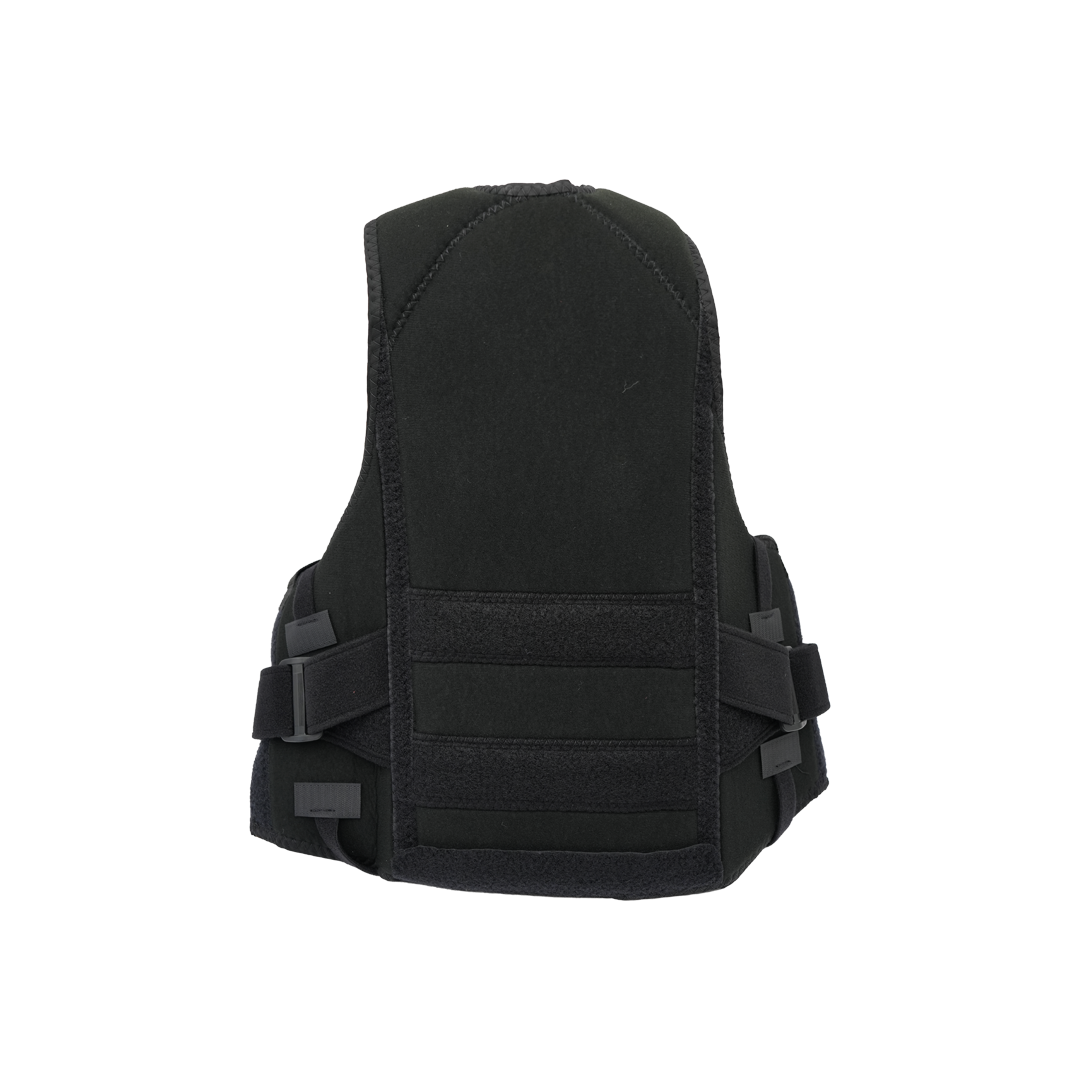 Black thoracic lumbar support brace with adjustable side panels and sturdy compression straps.