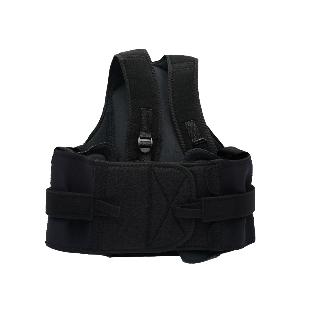 Black thoracic lumbar support brace with wide adjustable side panels and padded shoulder straps.