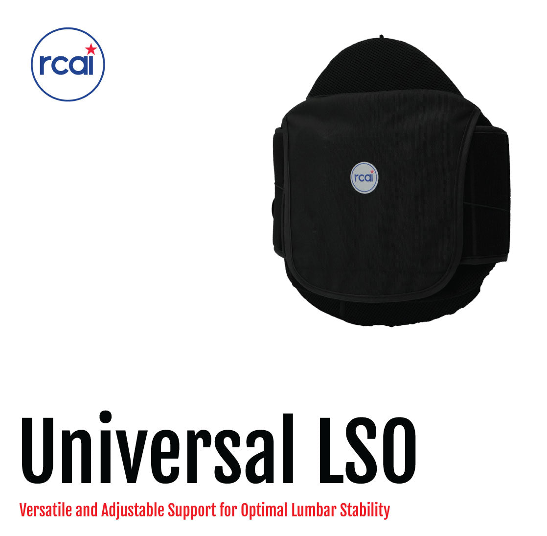 Black adjustable lumbar support belt with hook-and-loop fasteners and circular logo on front.