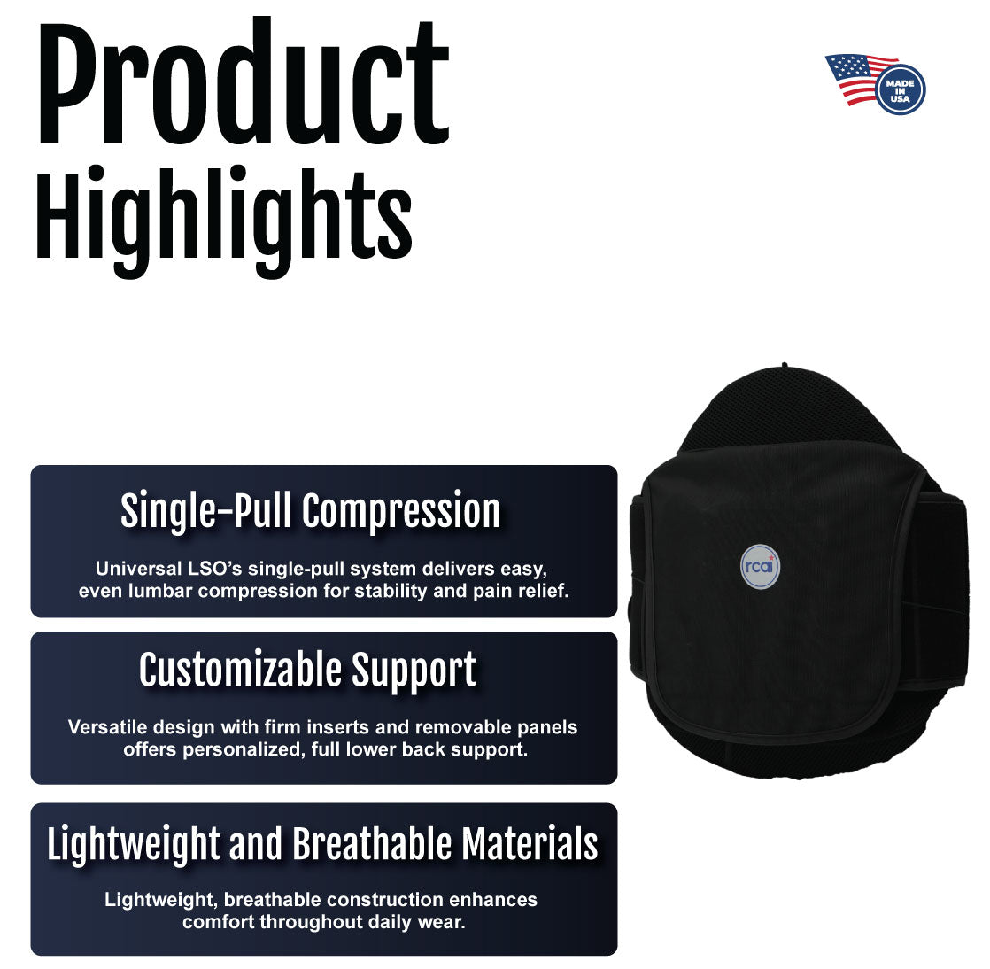 Black lumbar support belt with adjustable straps and single-pull compression system.