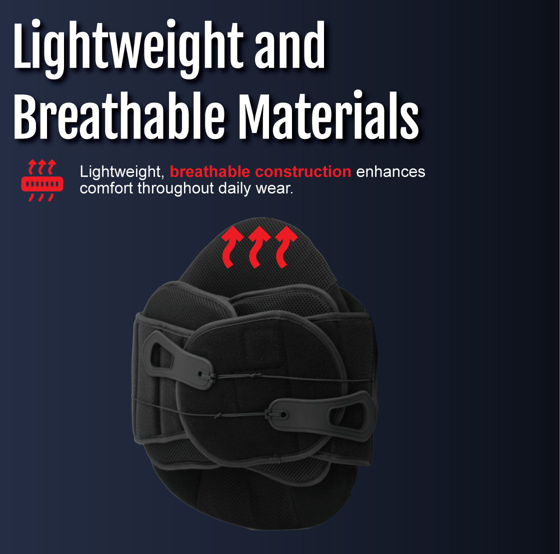 Black lightweight lumbar support belt with breathable textile and adjustable straps.