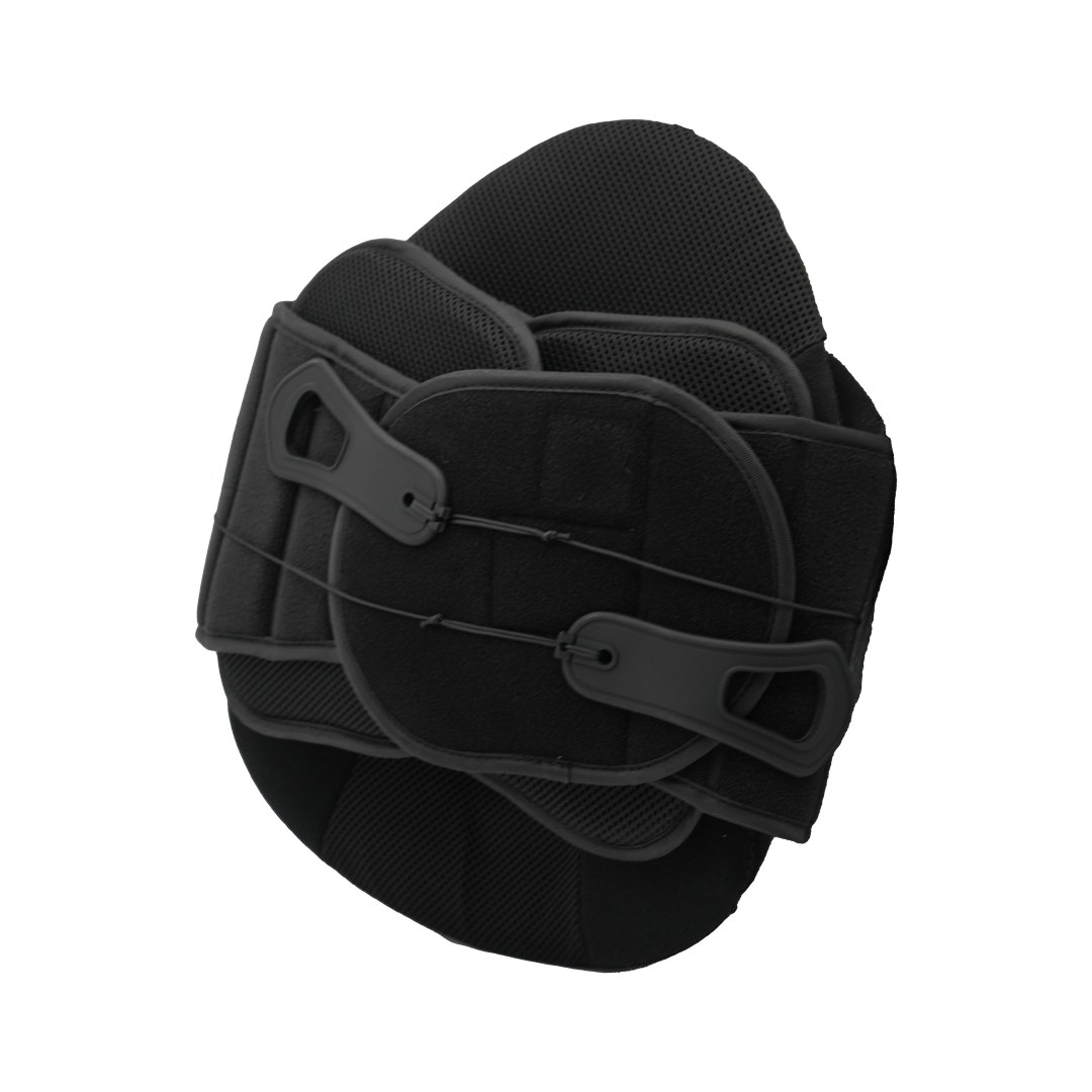 Black adjustable lumbar support orthotic belt with reinforced plastic stays and breathable mesh panels.