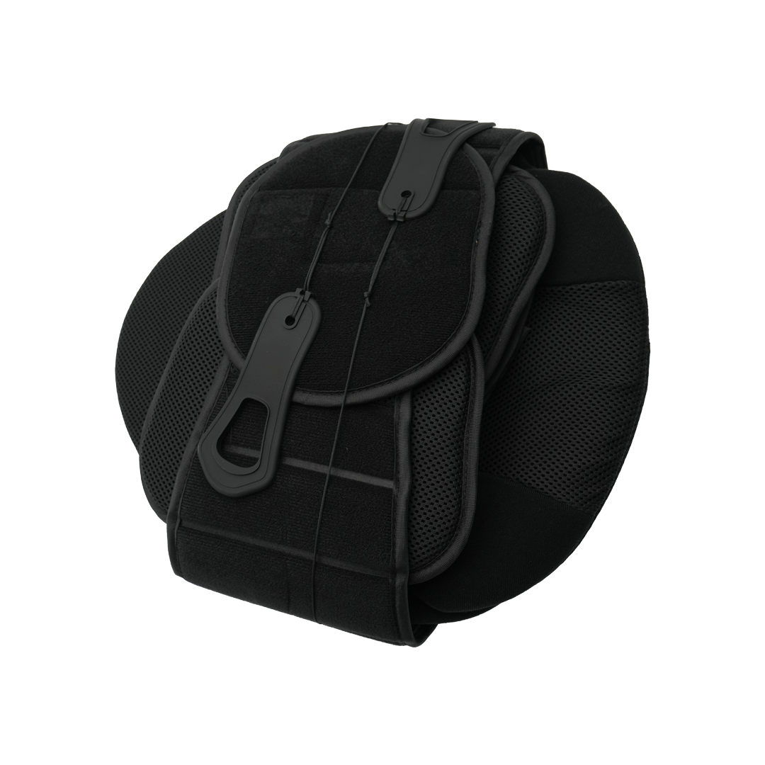 Black Universal Lumbar Support Orthosis with adjustable straps and breathable mesh panels.