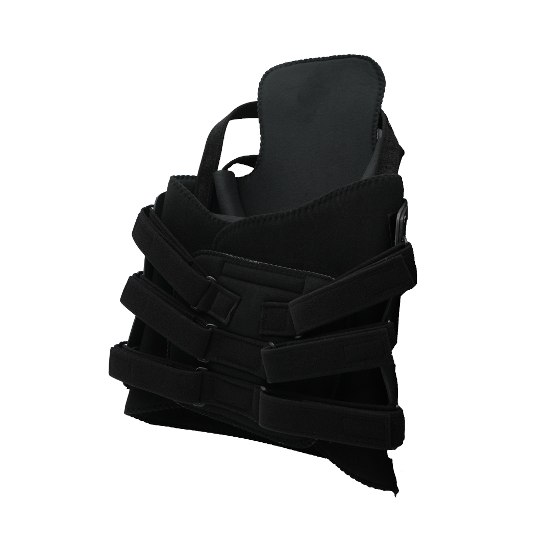 Black TLSO brace with adjustable Velcro straps and rigid support panels.