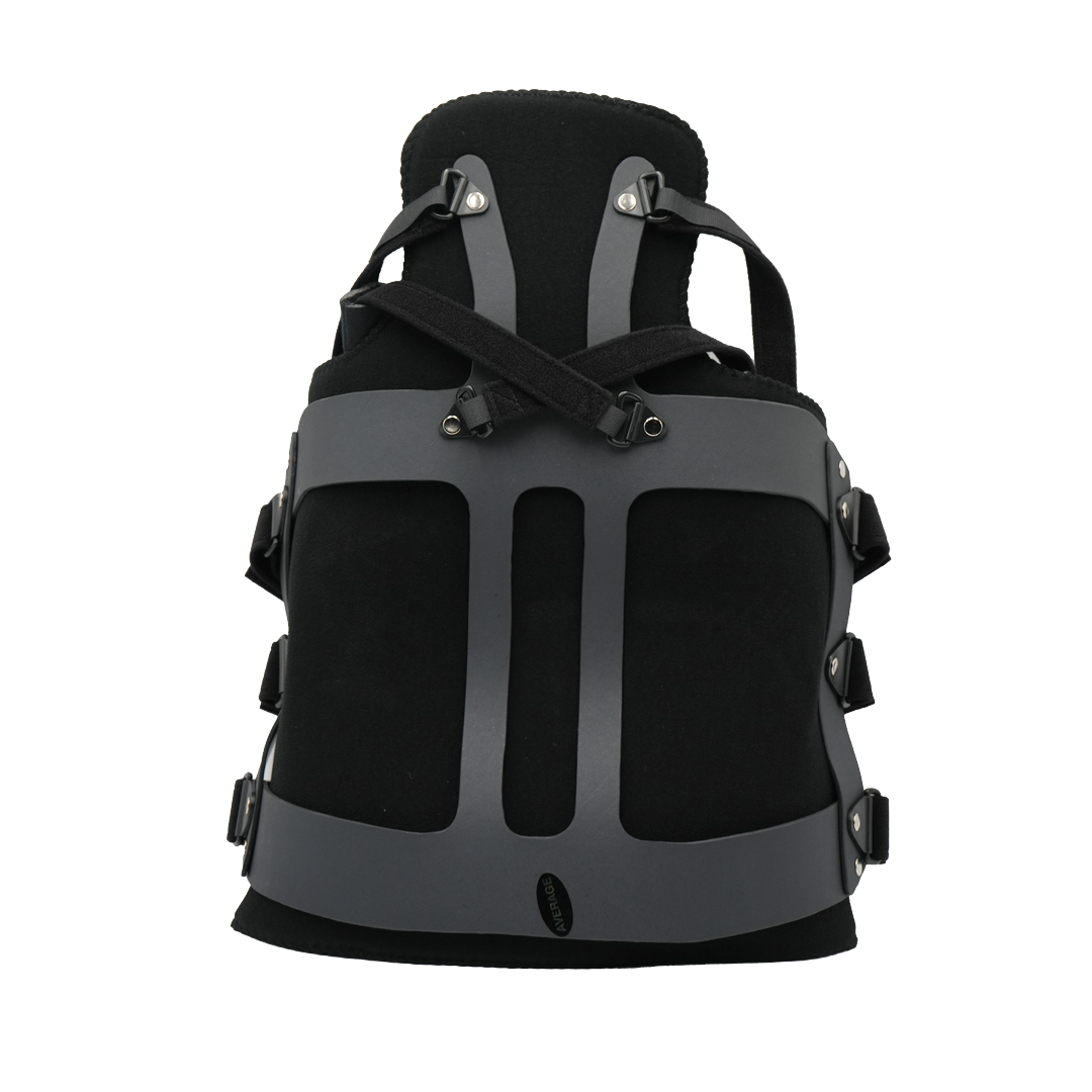 Black and gray TLSO back brace with adjustable straps and padded support panels.