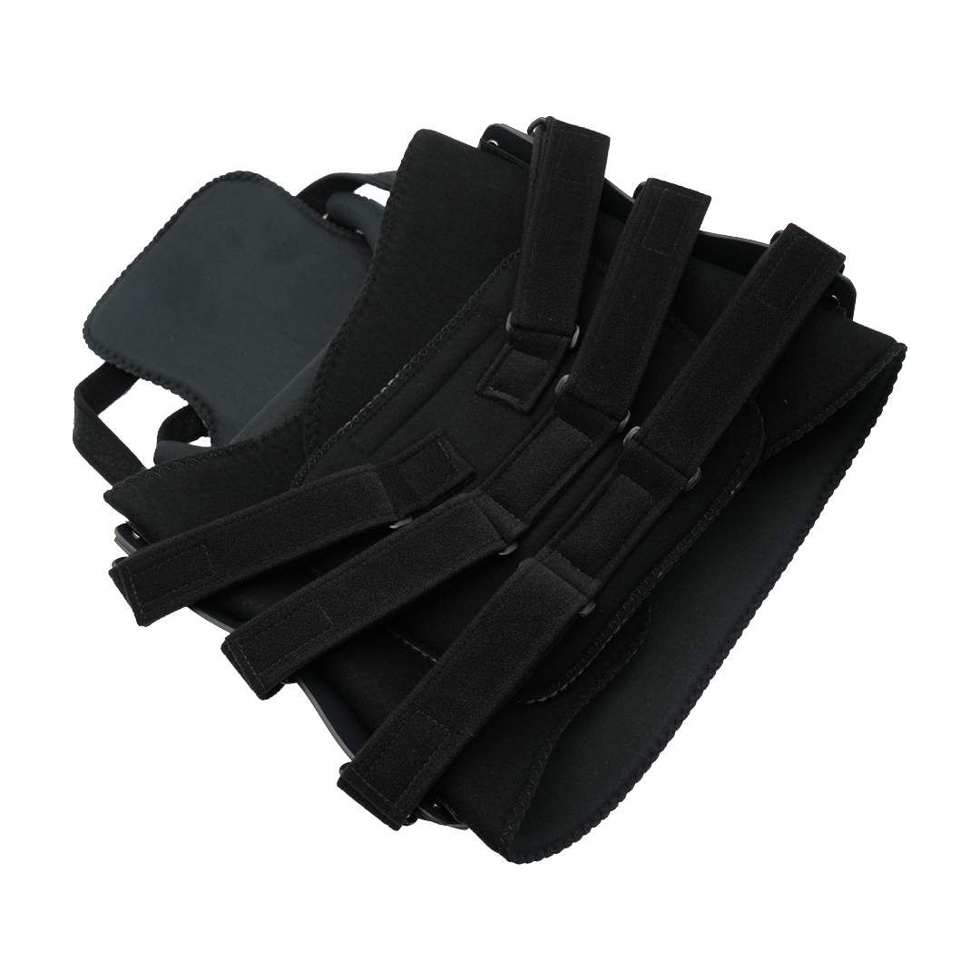 Black TLSO back brace with multiple adjustable Velcro straps and rigid support panels.