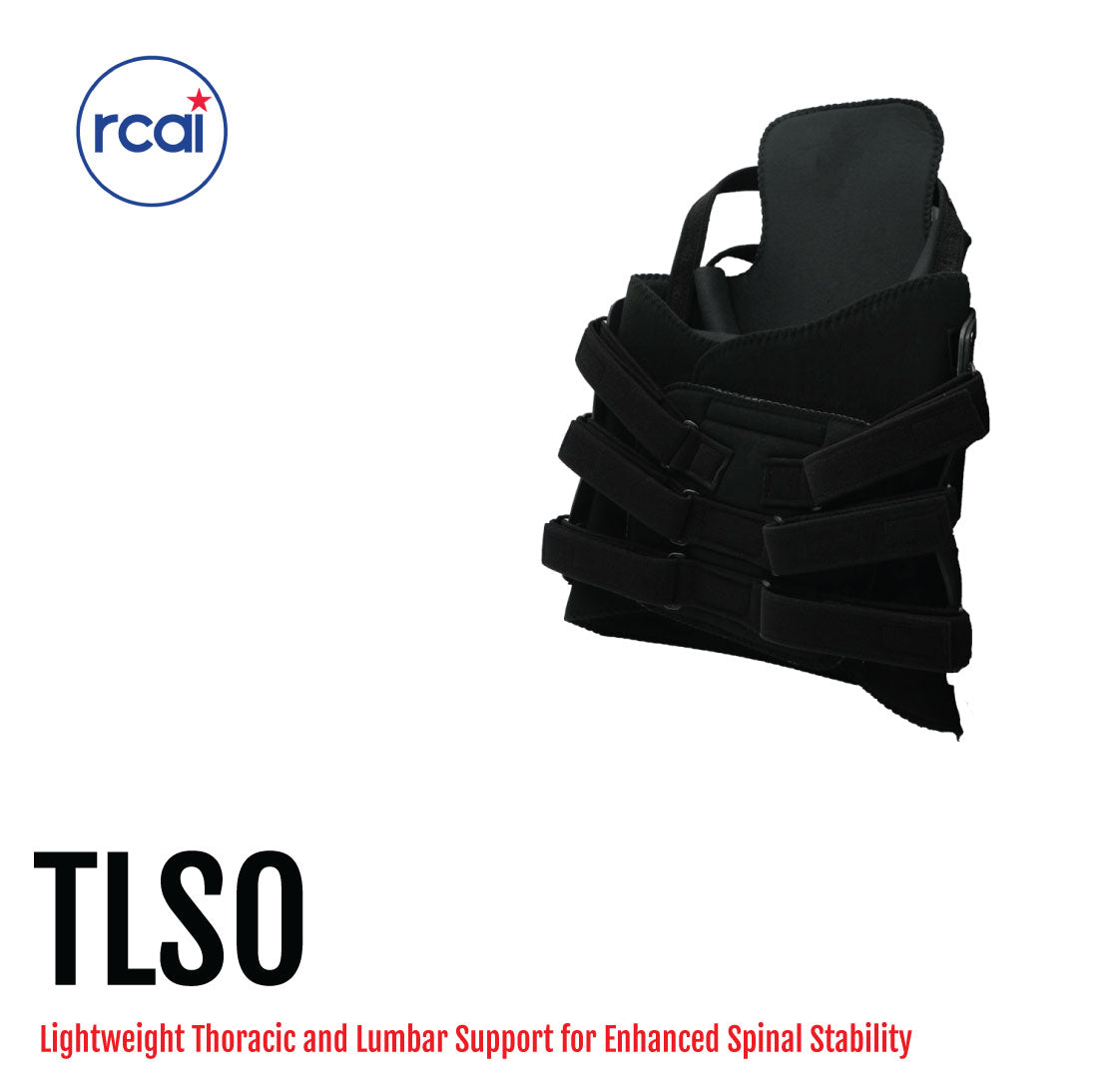 Black lightweight thoracic and lumbar support brace with adjustable straps and rigid back panel.
