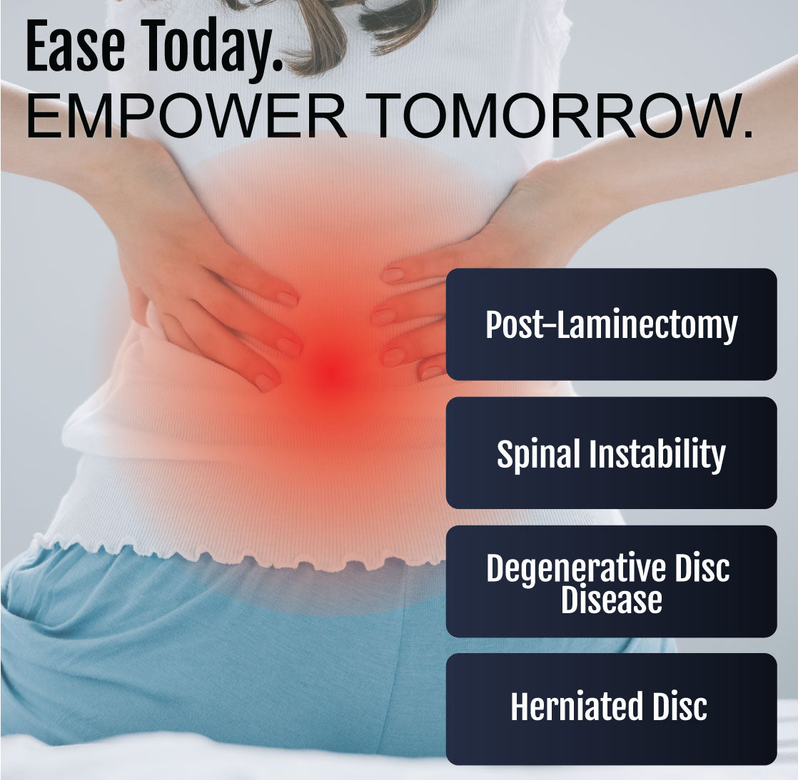 Person wearing white back brace supporting lower spine, red glow highlighting lumbar area, with text benefits listed on.