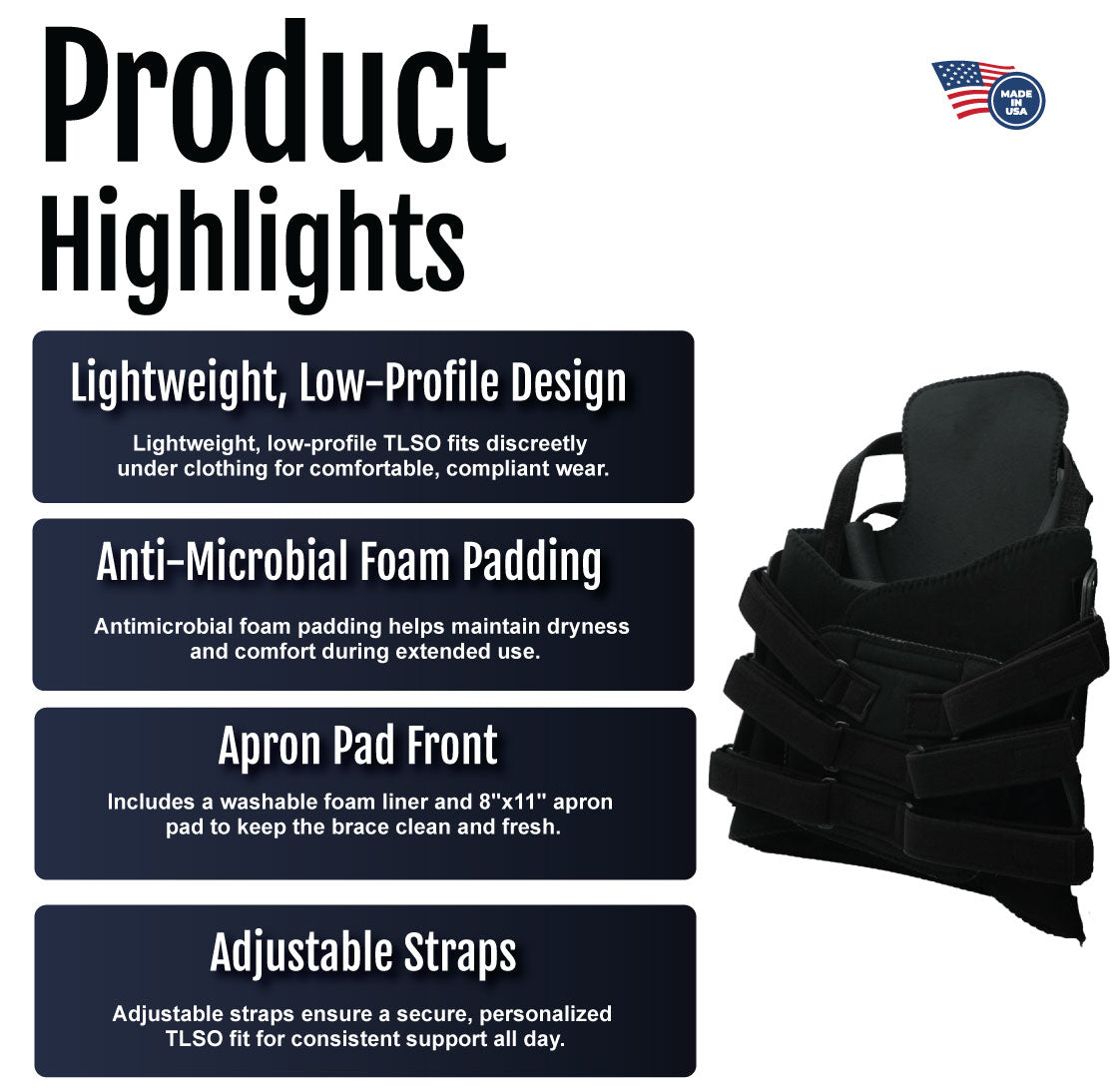 Black TLSO back brace with adjustable straps and antimicrobial foam padding details.