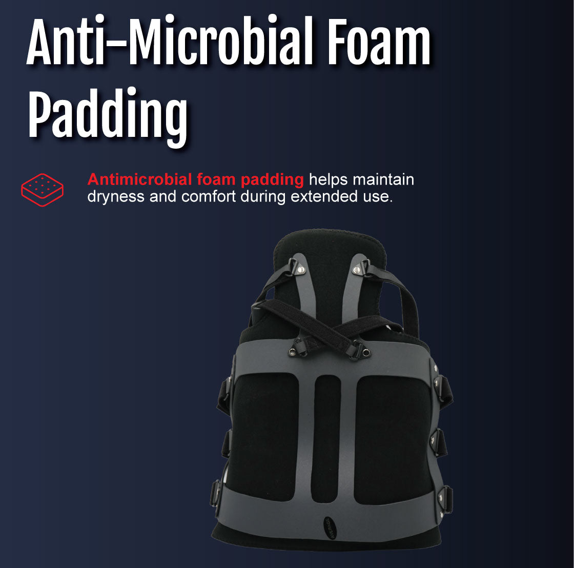 Black and gray TLSO back brace with anti-microbial foam padding and adjustable straps.