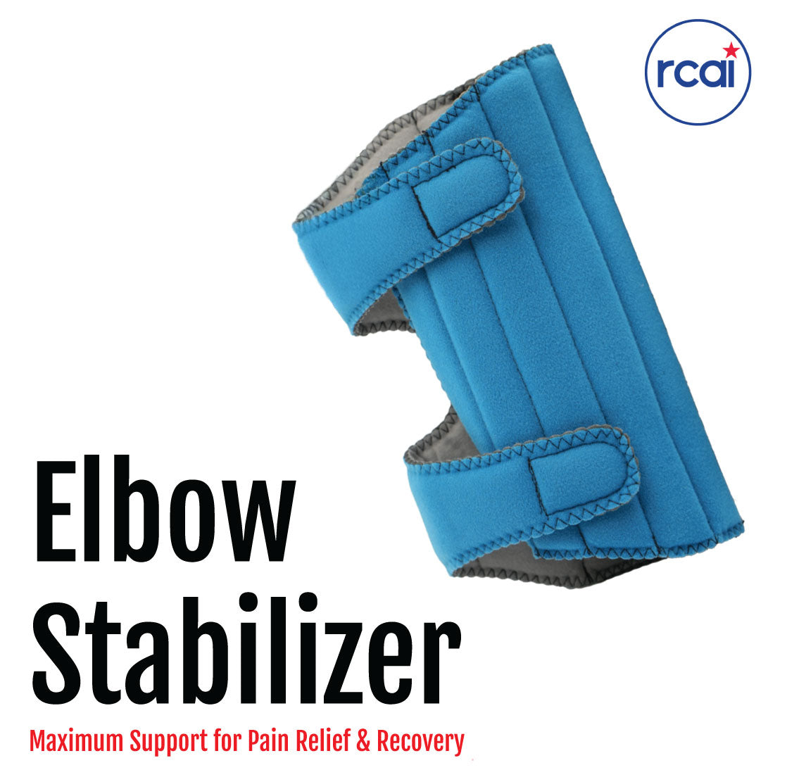 Blue pediatric elbow stabilizer with adjustable Velcro straps and soft inner lining.