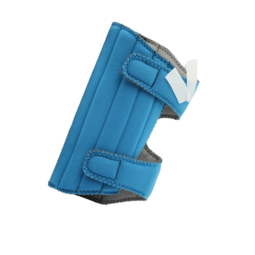 Blue padded elbow stabilizer with adjustable Velcro straps and white plastic support splint.