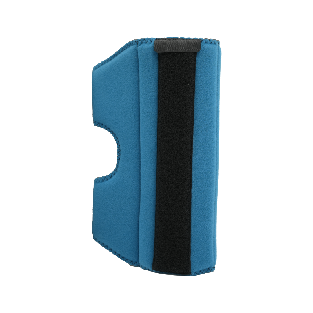 Blue neoprene elbow stabilizer with black adjustable Velcro strap and cutout for arm contour.