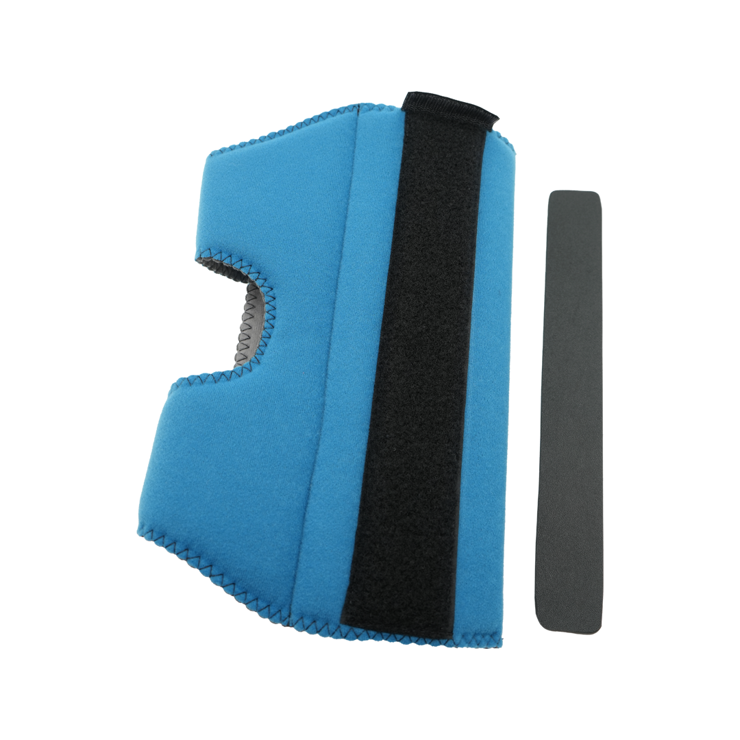 Blue neoprene elbow stabilizer with black adjustable strap and extra black support insert.