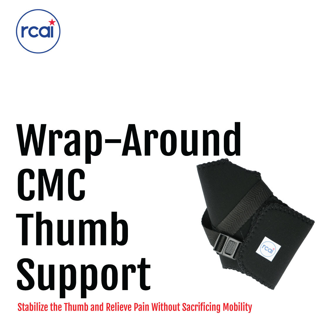 Black wrap-around CMC thumb support with adjustable strap and RCAI logo patch.