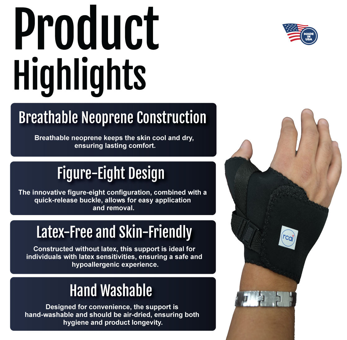 Black wrap-around thumb support with adjustable straps and breathable neoprene material.