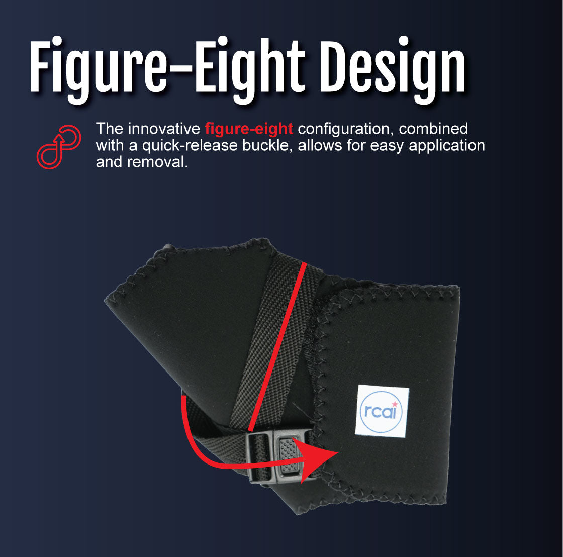 Black wrap-around thumb support with figure-eight strap and quick-release buckle on dark background.