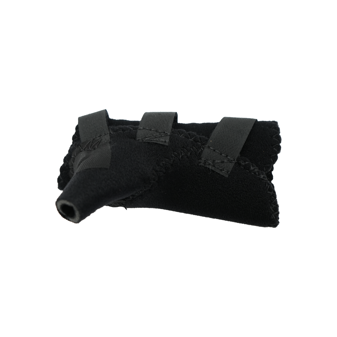 Black pediatric wrist thumb support brace with three adjustable hook-and-loop straps.